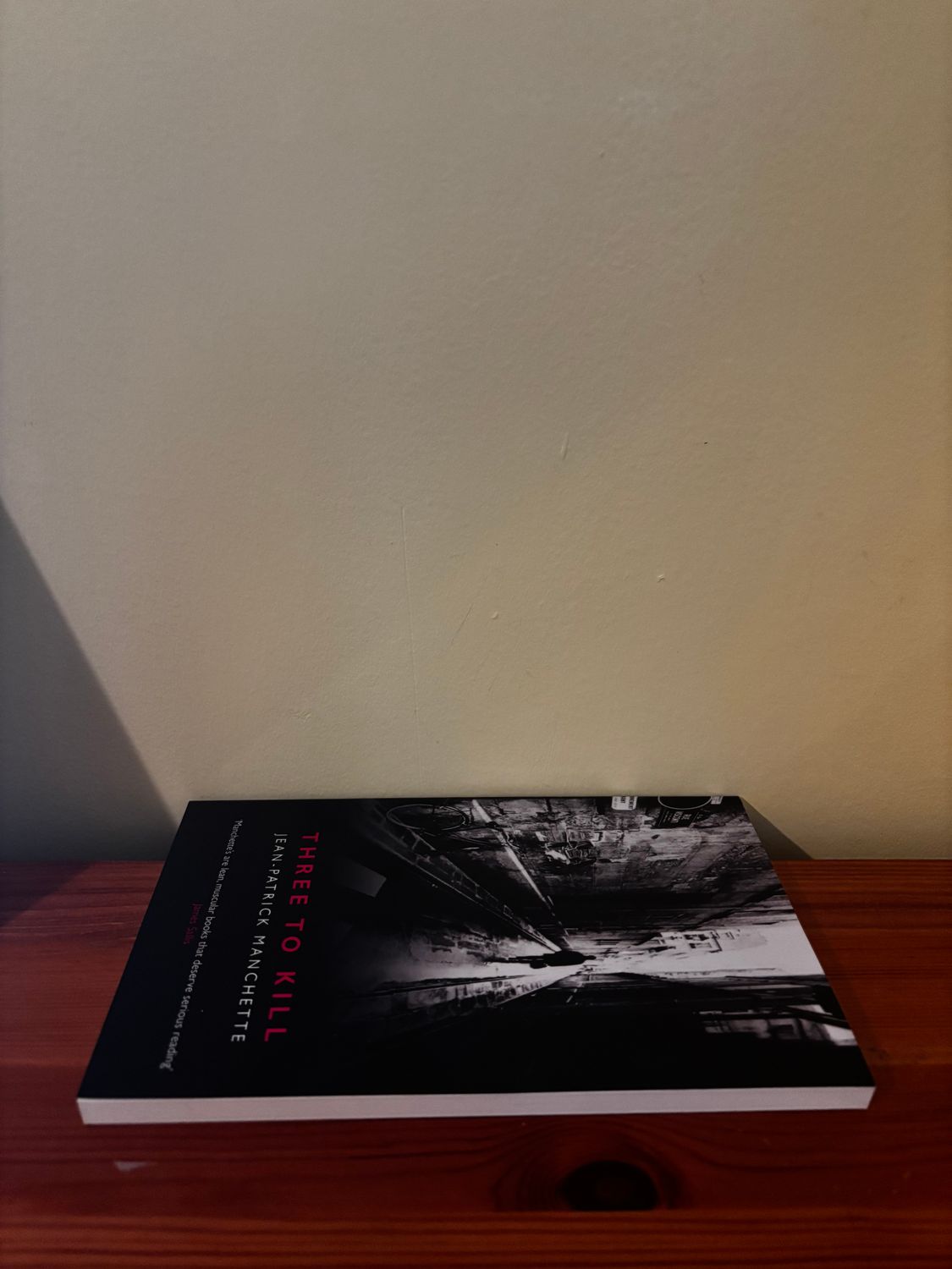 Three to Kill-Jean-Patrick Manchette lies on a wooden surface, showcasing its gripping narrative by Serpent's Tail.