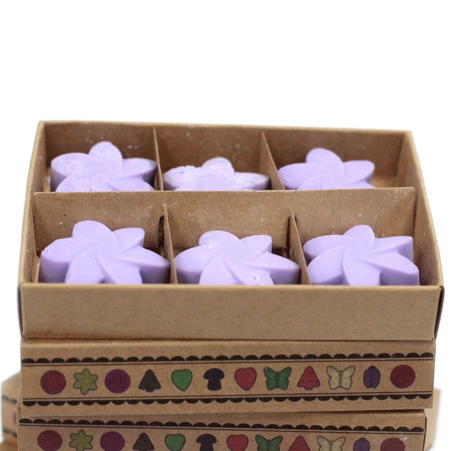 Box of 6 Wax Melts - Lavender Fields in a beautifully crafted box, perfect for creating a calming atmosphere at home.