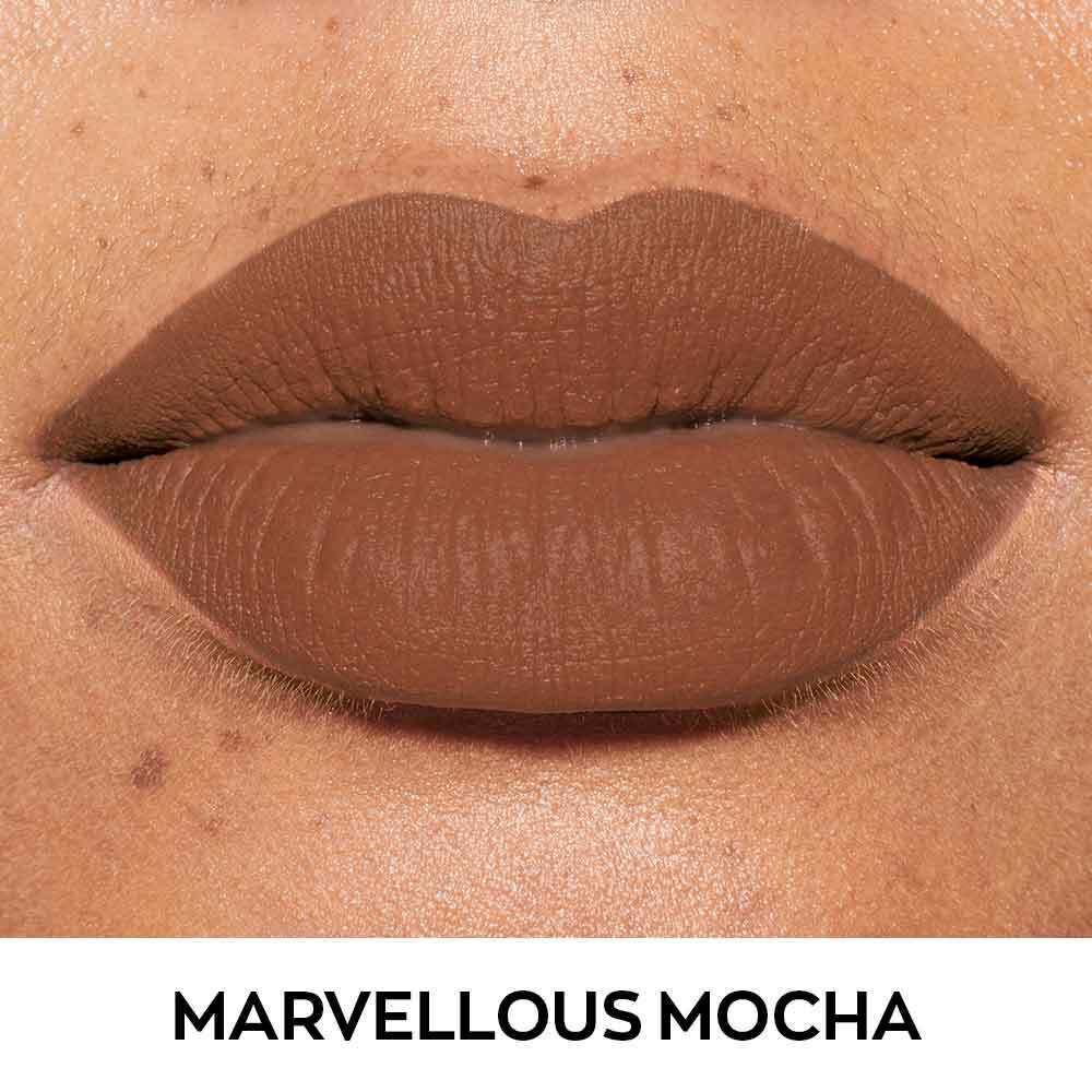 Avon Ultra Matte Lipstick 'Marvellous Mocha' showcases a rich, luxurious brown shade for a sophisticated look.