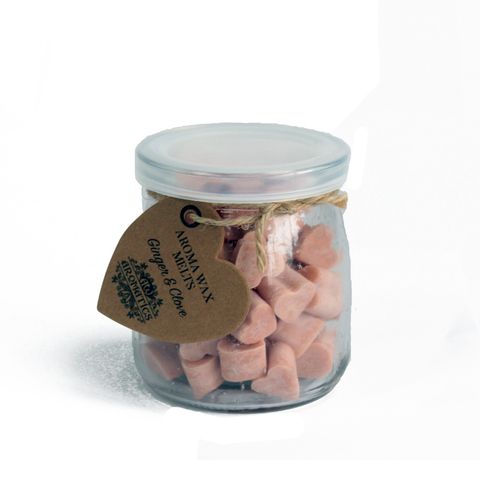 Aroma Wax Melts - Ginger & Clove in a glass jar, featuring 60 wax hearts made with pure essential oils.