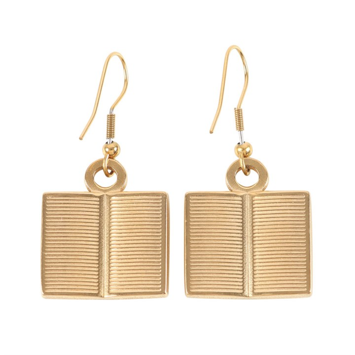 Gold-tone book-shaped dangle earrings with ribbed page detailing and hook fittings.