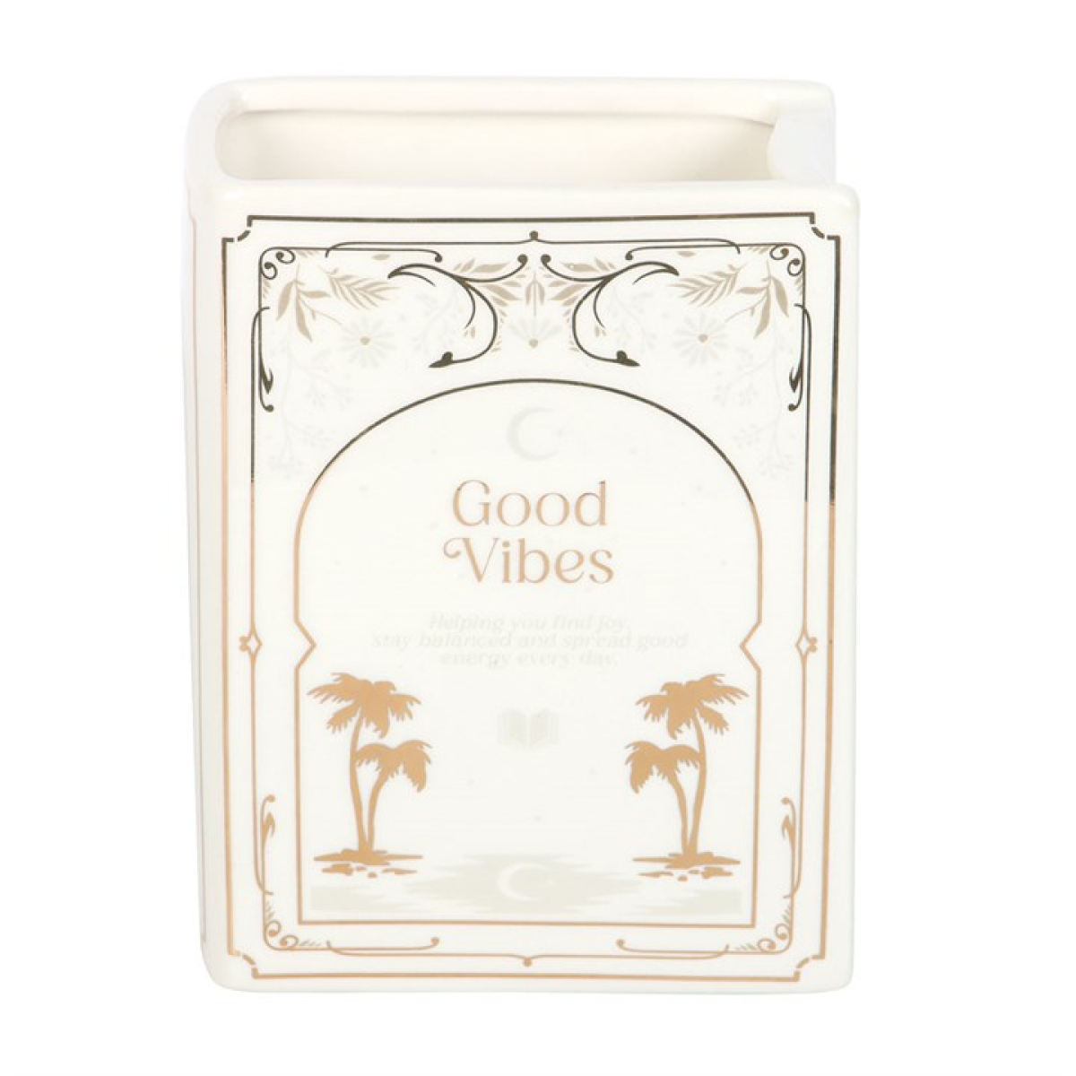 White book-shaped ceramic vase with ornate border, ideal for fresh or dried blooms.