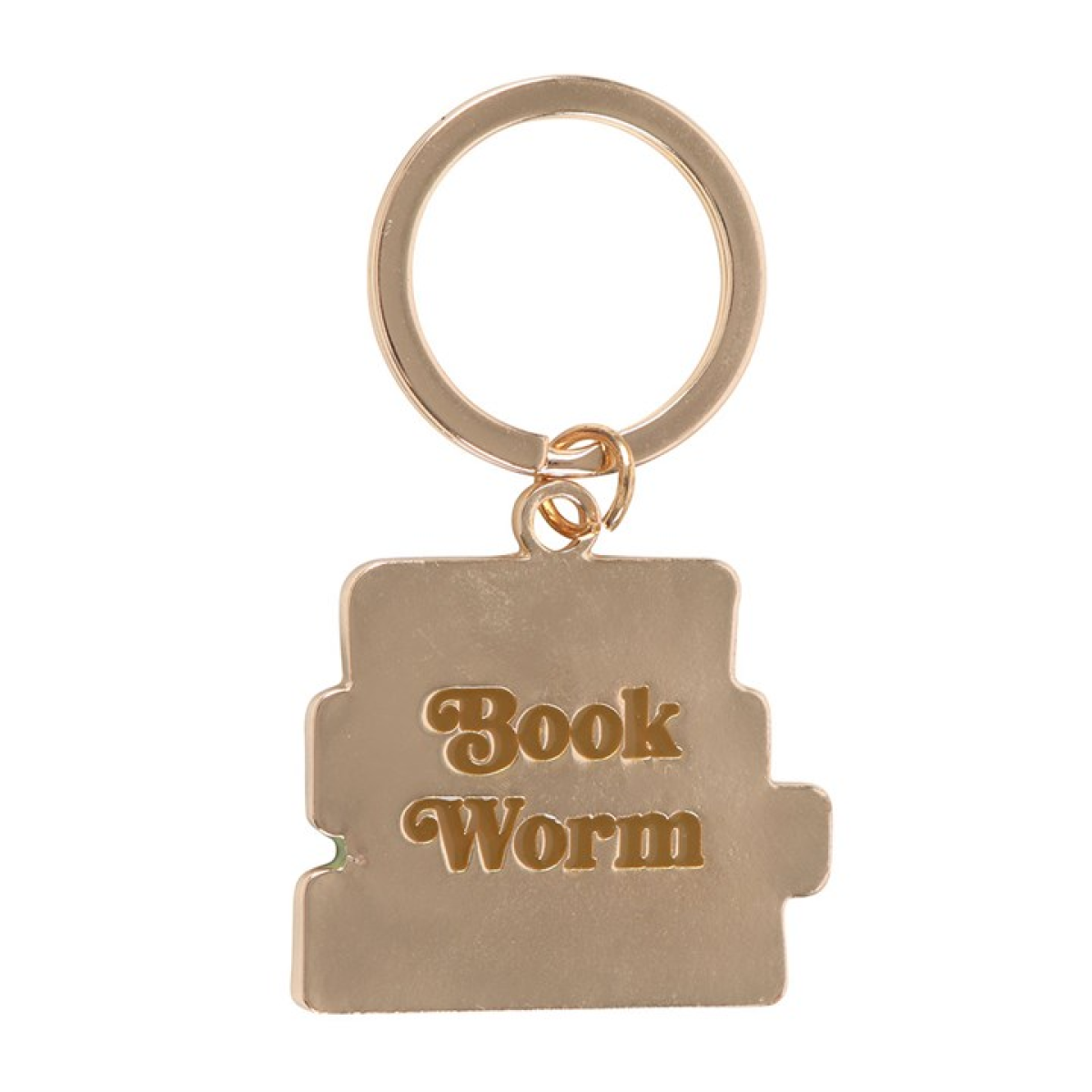 Gold-tone keyring featuring a square tag with embossed 'Book Worm' lettering.