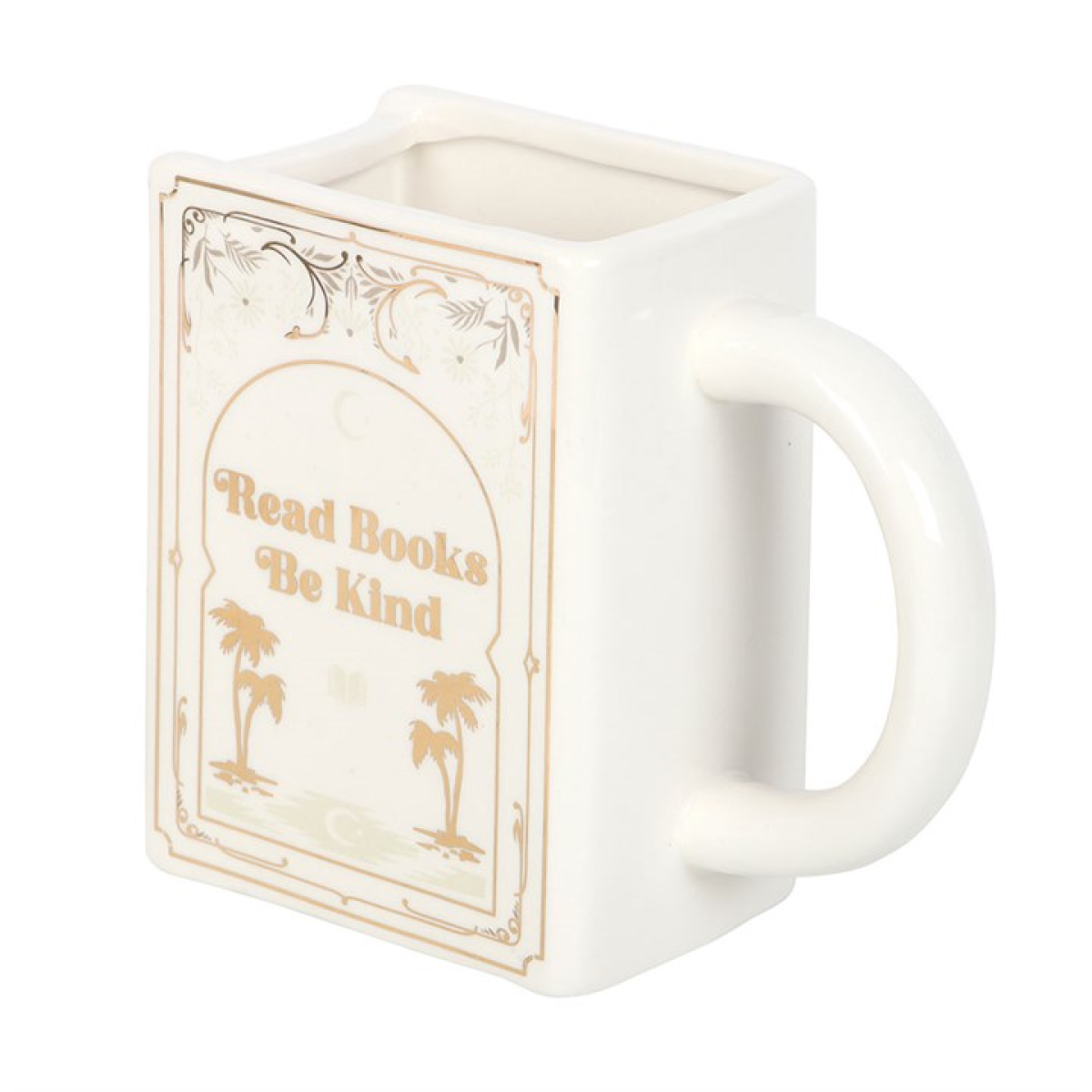 White book-shaped ceramic mug printed with Read Books Be Kind and a palm trees motif.