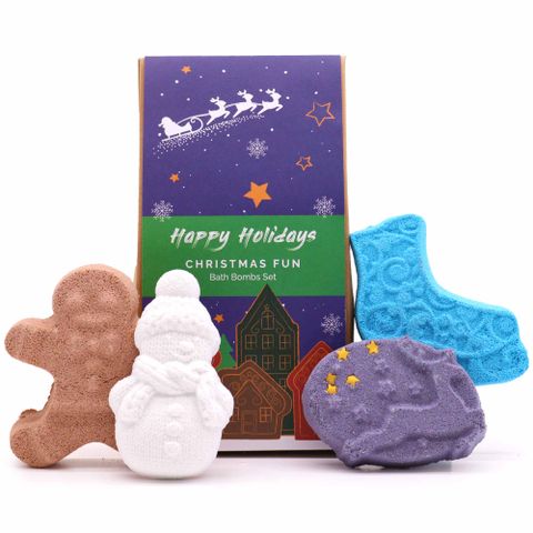Delight in the Christmas Fun Bath Bomb Gift Pack, featuring festive shapes for a joyful holiday experience.