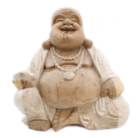 Happy Buddha - Whitewash 50cm, beautifully carved from Suar wood, perfect for adding natural elegance to any space.