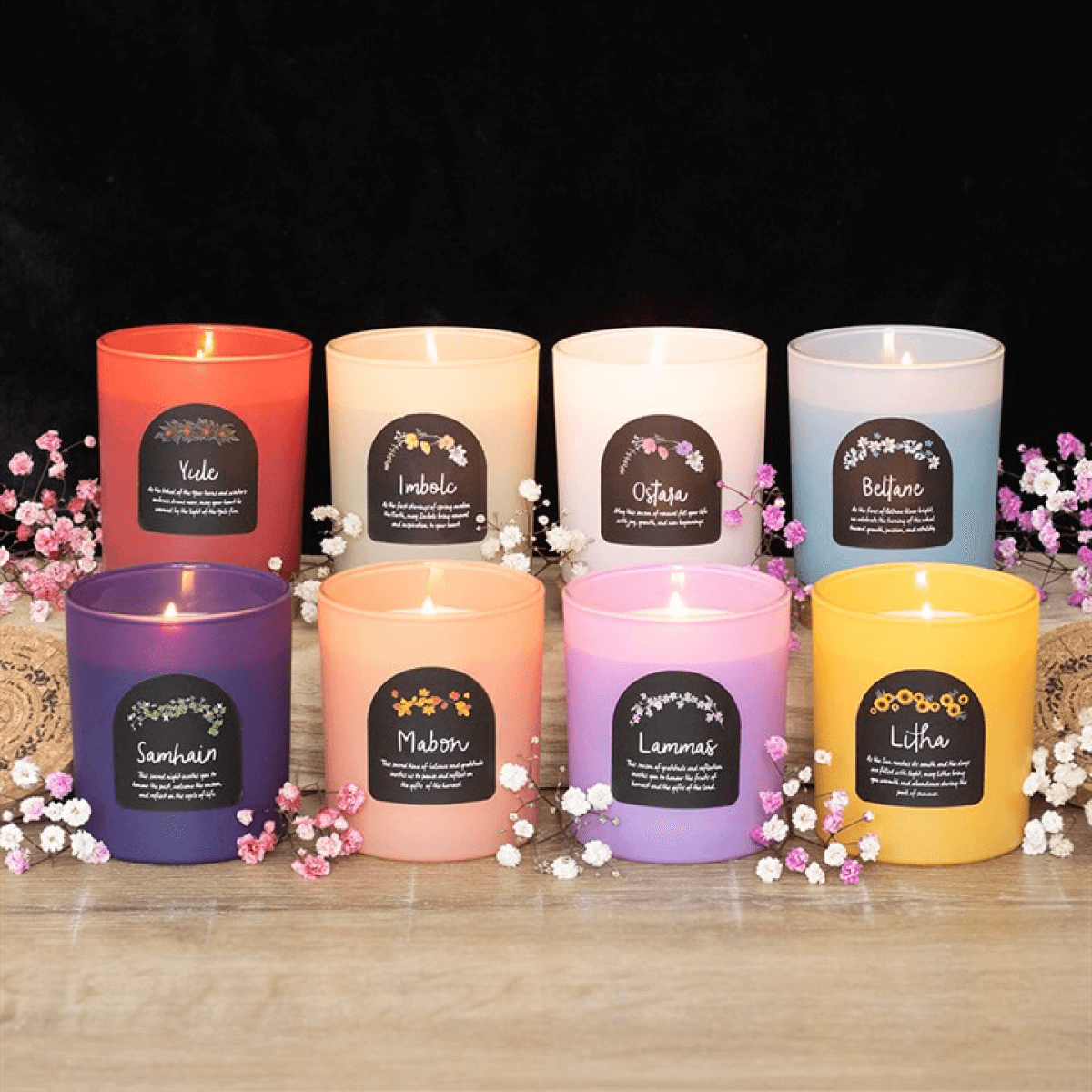 Litha Wildflower Wheel of the Year Candle collection with vibrant candles for seasonal celebrations and home décor.