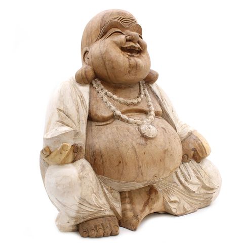 Handcrafted Happy Buddha - Whitewash 50cm statue, beautifully carved from Suar wood, adds charm to any space.
