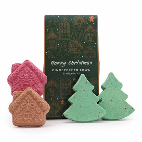 Gingerbread Town Christmas Bath Bomb Gift Pack featuring festive tree and house designs for a joyful holiday season.
