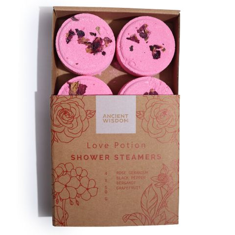 Zen Shower Steamers - Therapy Wellness Gift Set - Love Potion, featuring natural oils in a stylish gift pack by Ancient Wisdom.