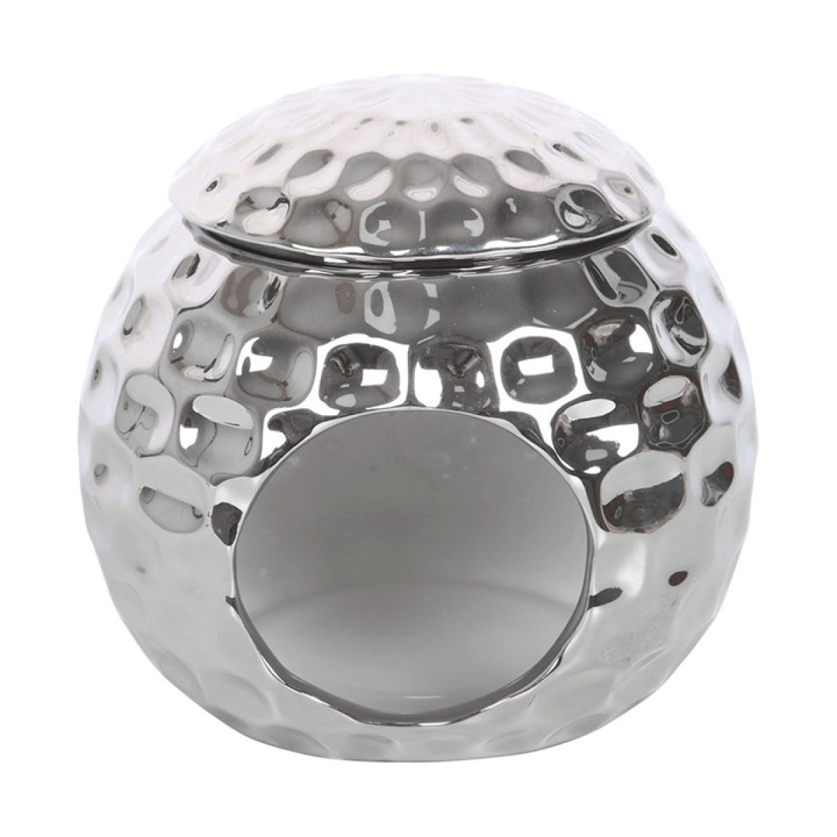Silver disco ball oil burner in dolomite, hollow spherical design with lid, 10 cm high.