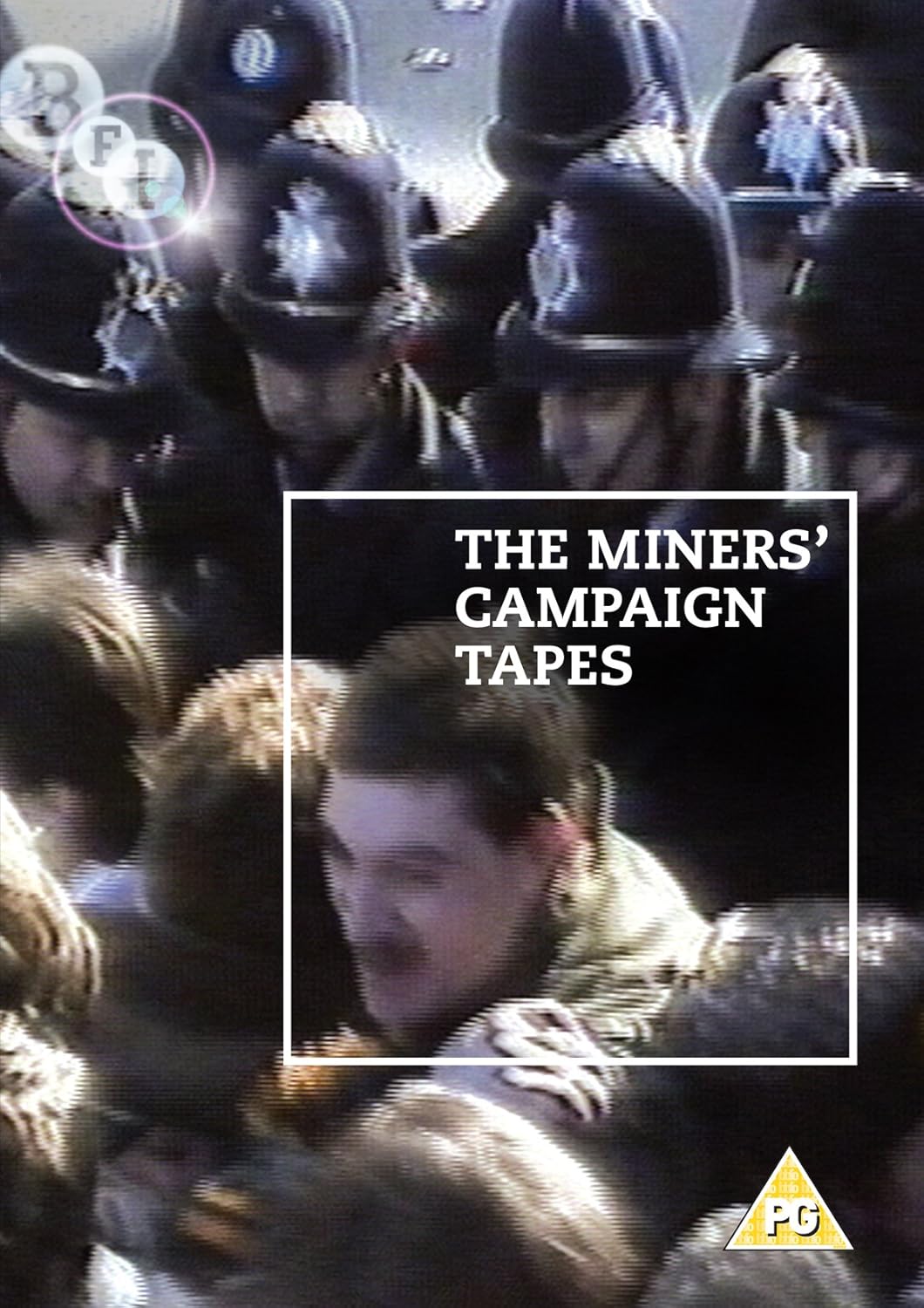 The Miners' Campaign Tapes DVD cover by BFI, showing a crowd of miners and a bold title within a white square frame.