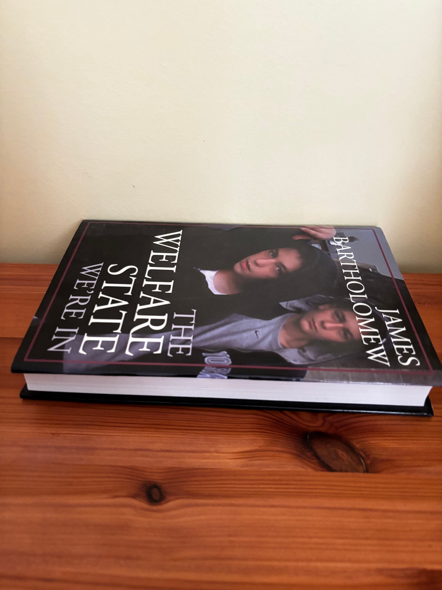 The Welfare State We're in Paperback – 15 May 2006 resting on a wooden surface, showcasing its compelling cover design.