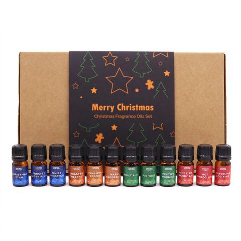Festive Delights Fragrance Set showcases a collection of festive oils in a charming box, perfect for holiday cheer.