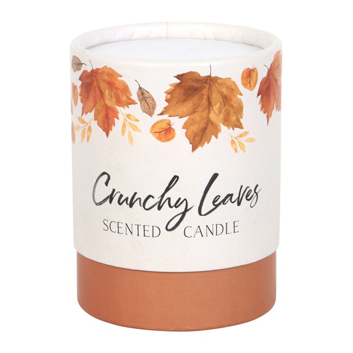 Crunchy Leaves Autumn Candle in a beautiful glass holder, perfect for cosy autumn days and home enhancement.