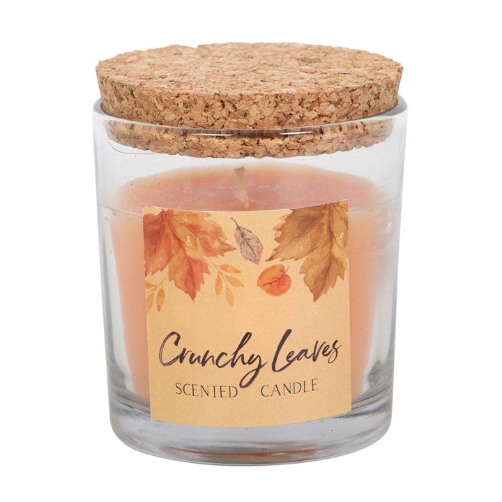 Crunchy Leaves Autumn Candle in a glass holder with cork lid, perfect for cosy autumn days. 25-hour burn time.