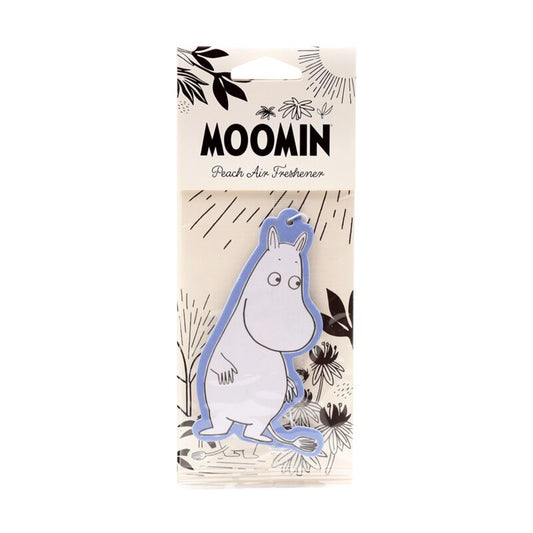 Moomin Tammi peach-scented air freshener tag with blue-outlined Moomin figure on beige floral packaging.