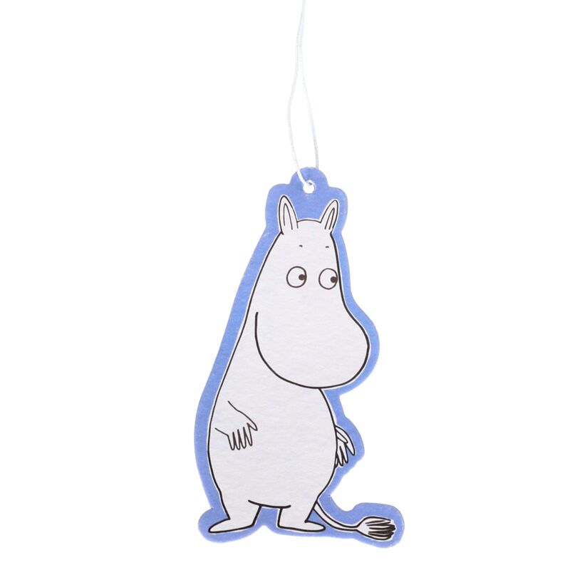Peach-scented Moomin Tammi air freshener hanging ornament with white figure and blue outline.