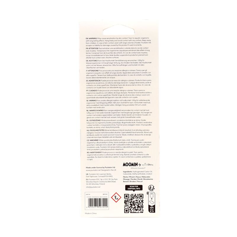Peach-scented Moomin Tammi air freshener packaging with barcode and QR code.