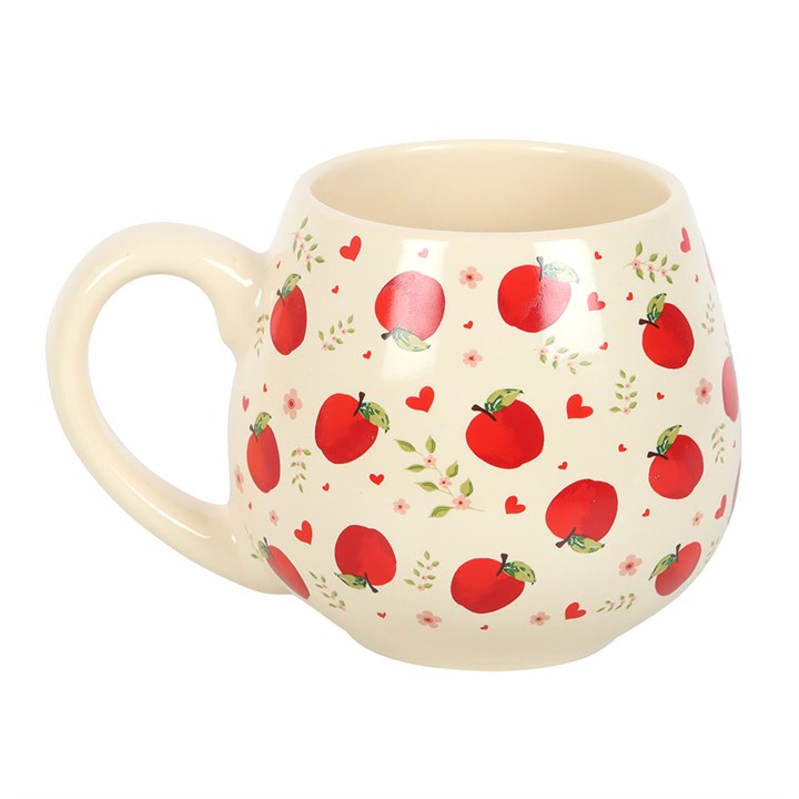 Apple Print Rounded Mug: cream ceramic mug with red apple motifs and hearts, countryside charm.