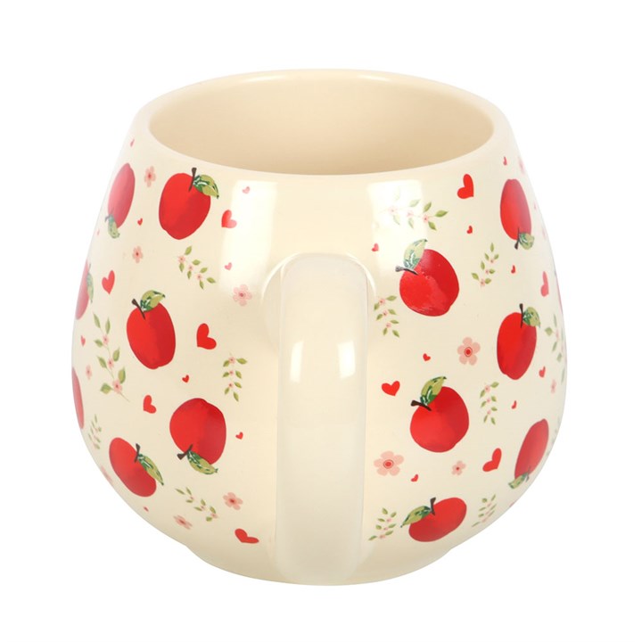 Apple Print Rounded Mug - cream ceramic mug with red apple print, countryside charm.