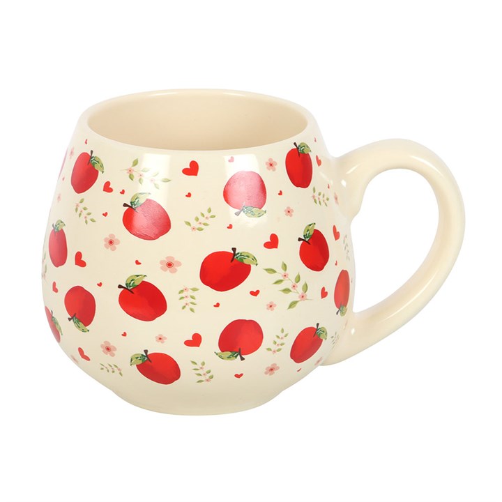Apple Print Rounded Mug: Cream ceramic mug with red apples, countryside charm for cosy mornings.