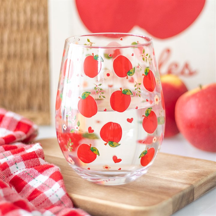 Sip in style with the Apple Print Stemless Glass, perfect for juice or cider, featuring a vibrant apple design.