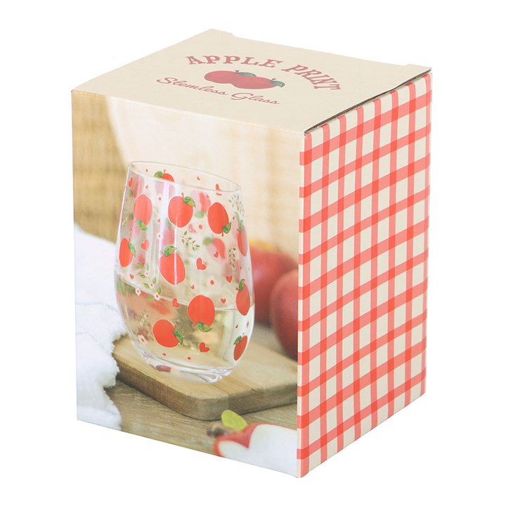 Vibrant Apple Print Stemless Glass, perfect for juice or cider, ideal for gifts or a relaxed afternoon at home.