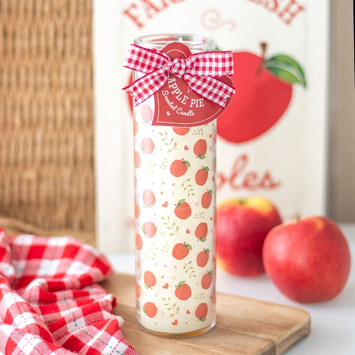 Apple Print Apple Pie Tube Candle – a tall apple-print tube candle with a red gingham bow.