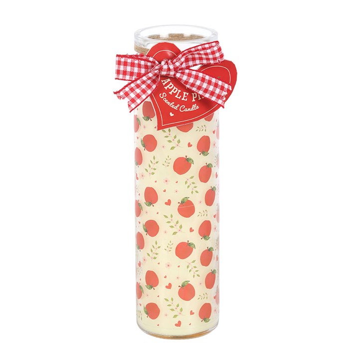 Apple Print Apple Pie Tube Candle - tall printed tube candle with apple pattern and red gingham bow.