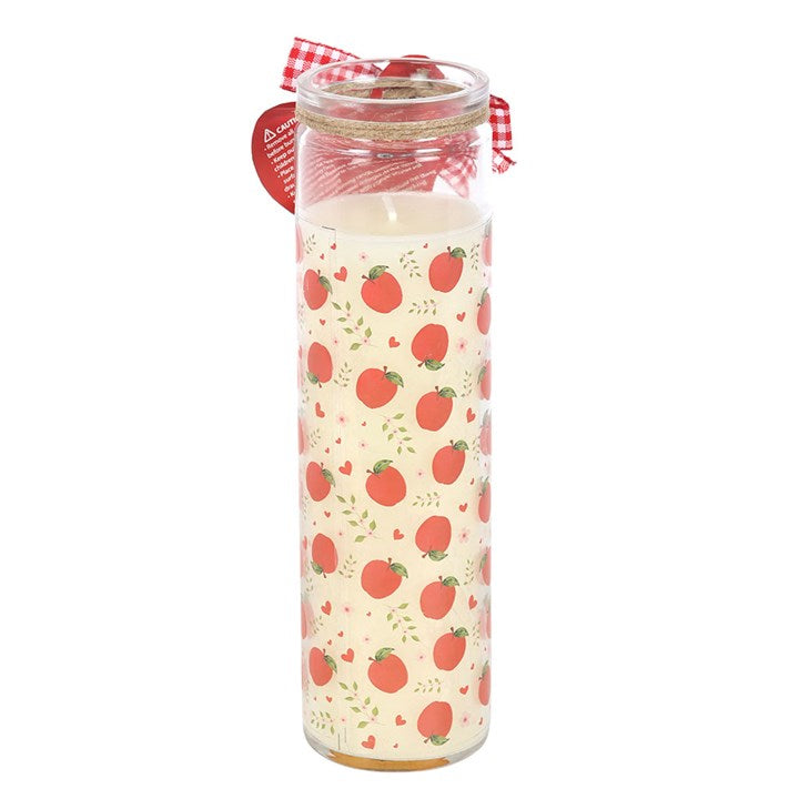 Apple Print Apple Pie Tube Candle: tall printed tube with apple pattern, cosy apple pie scent, red gingham ribbon.
