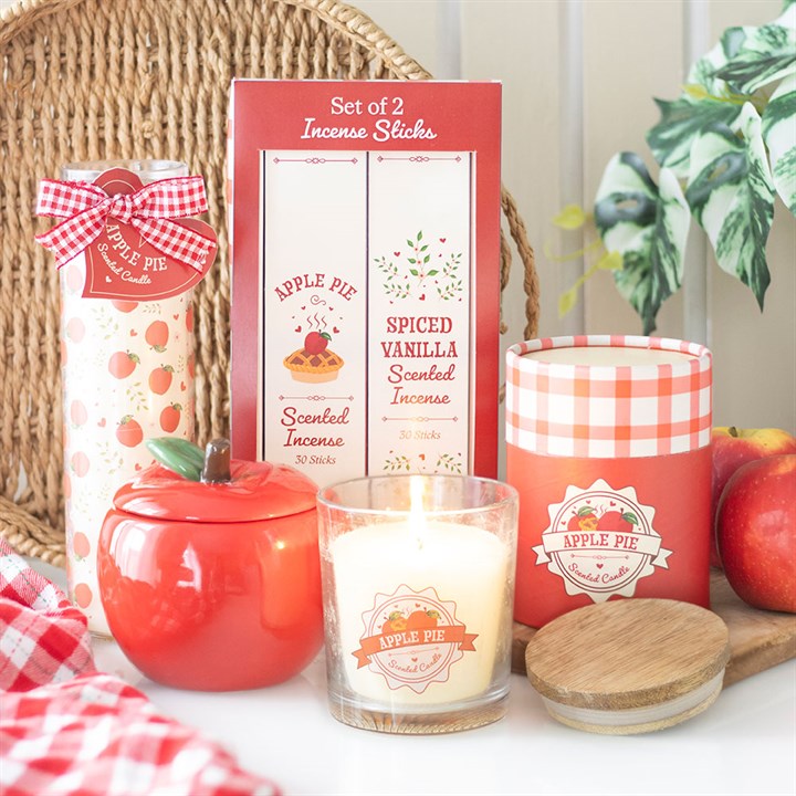 Apple Print Apple Pie Tube Candle in a cosy gift set with incense sticks and apple jar.