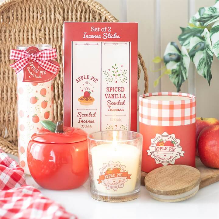 Apple Print Apple Pie Tube Candle in a cosy gift set with incense sticks and apple jar.