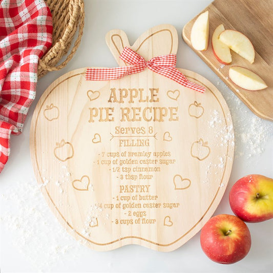 Apple Pie Recipe Serving Board - wooden board with recipe engraving, red bow, apples and flour for country style