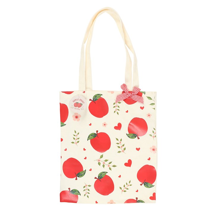 Stylish Apple Print Polycotton Tote Bag features a cheerful apple design and gingham bow, perfect for eco-friendly shopping.