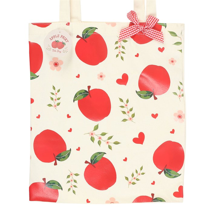 Cheerful Apple Print Polycotton Tote Bag with gingham bow, perfect for shopping and eco-friendly style.