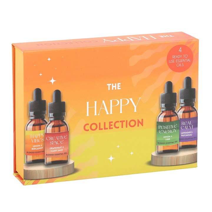 The Happy Collection Blended Essential Oil Set features four 10ml bottles with essential oils for relaxation and energy.