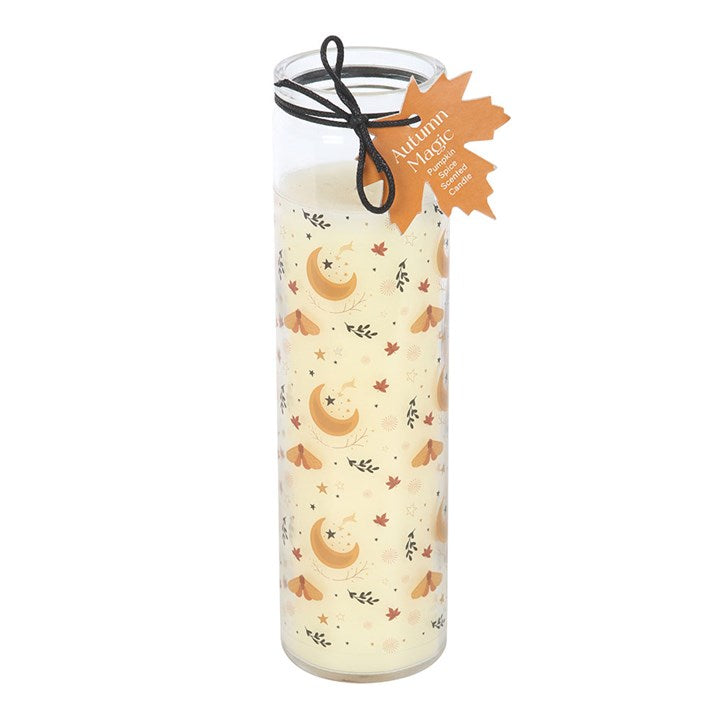 Stylish Autumn Magic Pumpkin Spice Tube Candle in a glass tube, featuring a harvest moon design for cosy autumn vibes.
