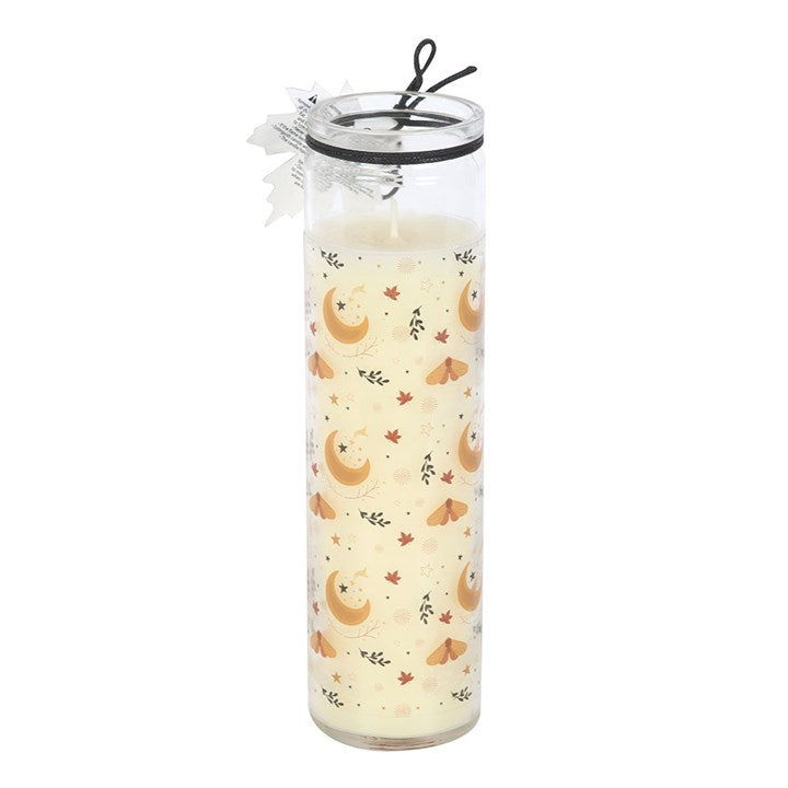 Stylish Autumn Magic Pumpkin Spice Tube Candle in a glass tube, featuring a harvest moon design for a cosy ambiance.