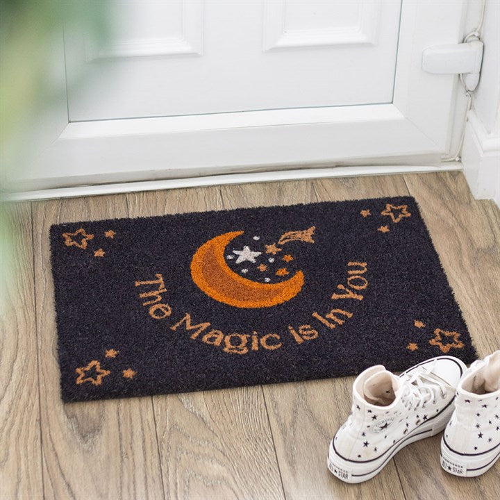 Purple The Magic Is in You Doormat features a moon and stars design, perfect for welcoming guests to your home.