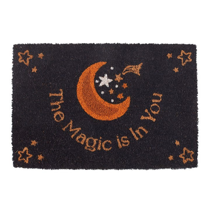Purple The Magic Is in You Doormat features a moon and stars design, perfect for welcoming guests into your magic realm.