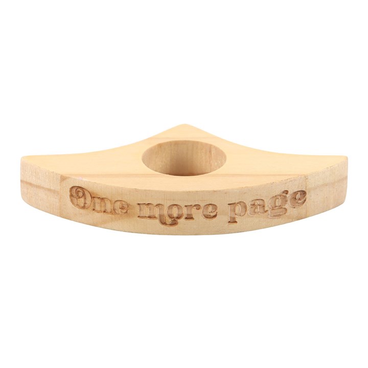 Book Worm Thumb Page Holder: wooden curved thumb page holder engraved 'one more page' for effortless one-handed reading.