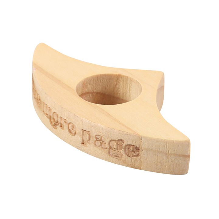 Book Worm Thumb Page Holder, wooden curved page spreader engraved with 'Book Worm' for one-handed reading.