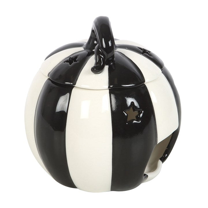 Chic Black and White Striped Pumpkin Oil Burner, perfect for adding unique flair and cosy fragrance to your home.