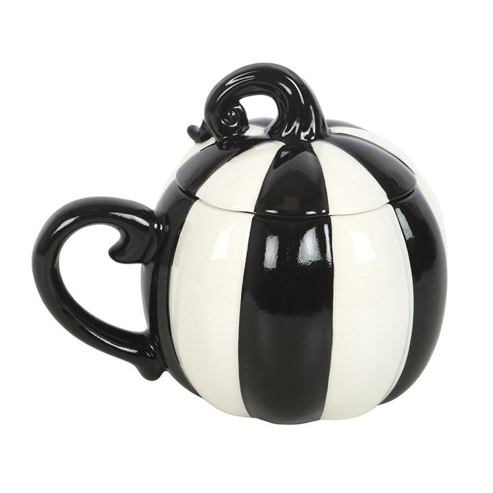 Stylish Black and White Striped Pumpkin Lidded Mug, perfect for cosy evenings and spooky gatherings.