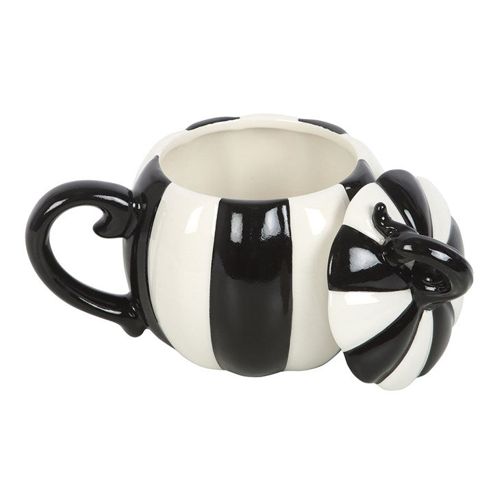 Stylish Black and White Striped Pumpkin Lidded Mug, perfect for cosy evenings and unique spooky collections.