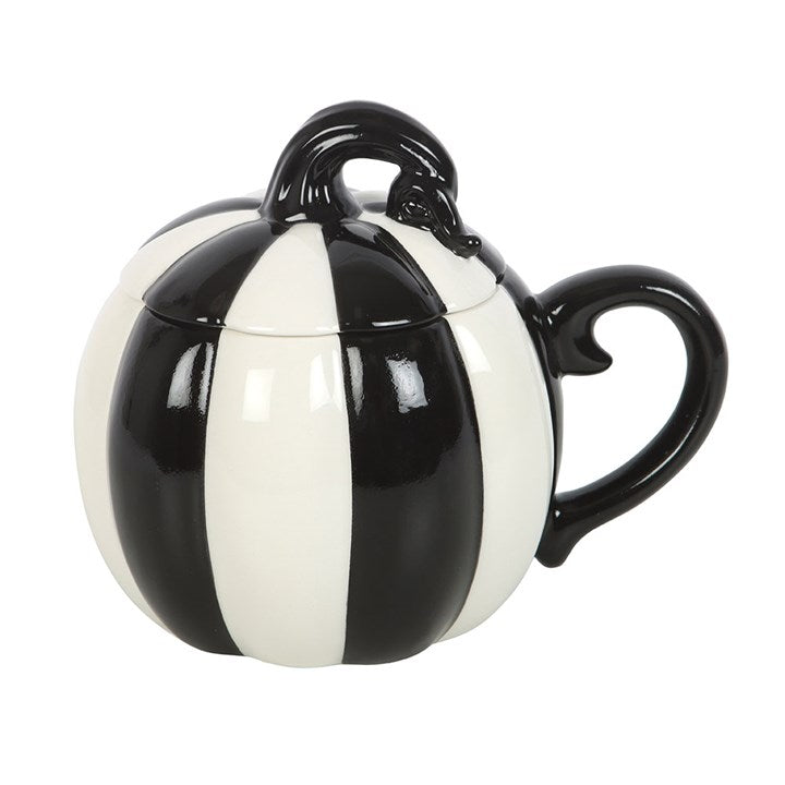 Stylish Black and White Striped Pumpkin Lidded Mug, perfect for cosy drinks and Halloween gatherings.