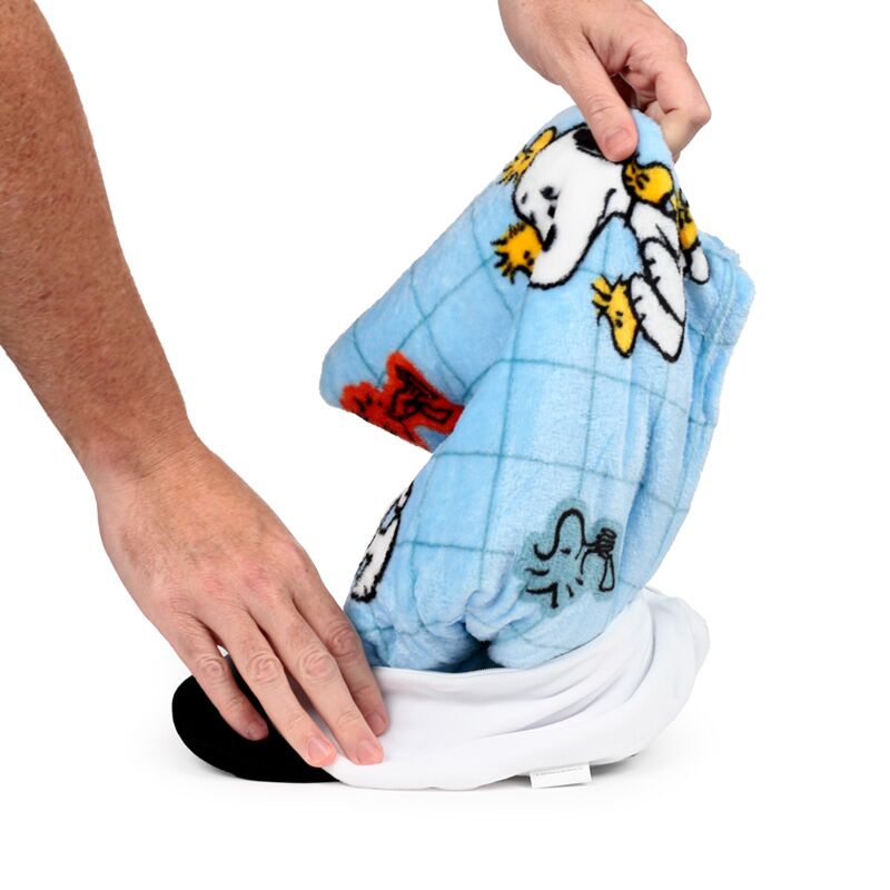 2-in-1 Blankeazzz Snoopy & Woodstock plush toy and travel blanket in blue Peanuts design.