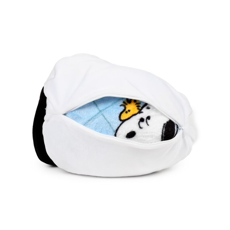 2-in-1 Blankeazzz plush toy and travel blanket featuring Snoopy and Woodstock, white exterior with blue lining.