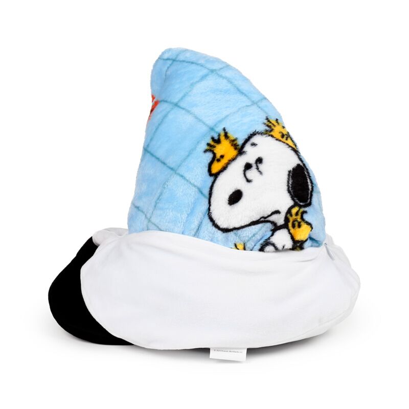 Snoopy and Woodstock 2-in-1 Blankeazzz plush toy with blue travel blanket.